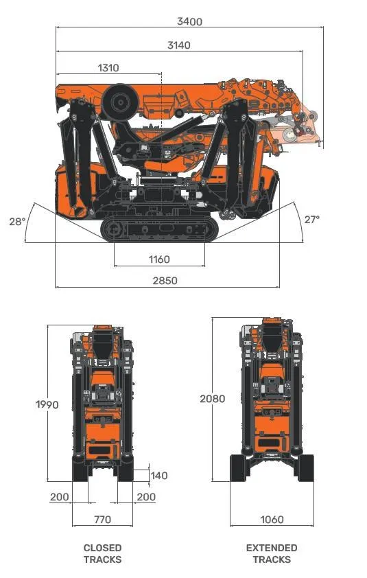 Jekko SPX532.2 dimension drawings: 3,140 mm long, 770 mm wide, 1,990 mm high